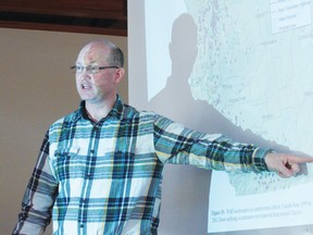 Sheena Read Editor
Waterton Biosphere Reserve Association Carnivore Working Group co-ordinator Jeff Bectell shows a map noting recorded wolf incidents.