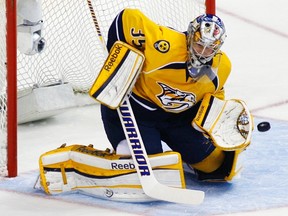 Predators goalie Pekka Rinne was unhappy his team was shut out for the third time in 11 games. (M. J. Masotti Jr./Reuters/Files)