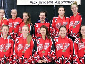 The Chatham Maple City Electric Junior Thunder won the annual Silver Ring Tournament on Sunday in Ajax. The Thunder members are, left: Hannah Doforno, Kelsey Zondag, Claire Hedricks, Rachel Roberts and Taylor Dziver. Back row: Alissa Reid, Kara Hueniken, Carys Owen, Tristen Stewart, Kayla Therrien and Courtney Roberts. (Contributed Photo)