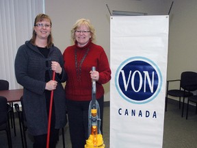 VON Middlesex-Elgin client services co-ordinators Pam Buys, left, and Ellen Cannon with a few cleaning supplies at VON's South Edgeware Rd. office. The VON is offering new home care services including house cleaning for St. Thomas seniors with areas of the county to follow later. (Nick Lypaczewski Times-Journal)