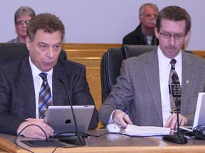 Chamber vice president Phil Barton, left, and chamber president Art Pultz made the chamber's annual pre-budget presentation to Timmins City Council this week.