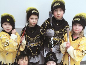 Pre-novice hockey players model the new Storm logos and jerseys at the Millet Agriplex Feb. 2.
