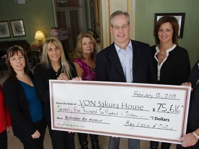 A total of $75,616 was raised through Handbags for Hospice for VON Sakura House. From left Pam Orth, Paula Schaus-Brown, Louisa Russell, Marilyn Schaus, John Goodbun, Nancy Andreola and Leslie Farrell. Missing is Laura Green, Jossie Hettinga, Donna Willougby and Daniella Vukobratic. HEATHER RIVERS/WOODSTOCK SENTINEL-REVIEW