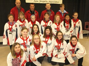 The Timmins Tornadoes Provincial Petite U-12 ringette team came back with a silver medal this weekend, after competing in the Ajax Ringette Association’s 41st-annual tournament. The team members in the front row from left are Emily Gervais, Magalie Durepos-Letourneau,  Renée Viel, Kara D’Arcangelo, Marie Bourdages-Coté, Karine Trudel, and Sonia Viel. In the middle row from left, Hailey Brousseau, Isabelle Rondeau, Sydney Dagenais, Maxine Dupuis, Emilie Viel, Amélia Mélançon and Anyka Breton. Standing in the back row are coaches Benoit Mélançon, Jason Brousseau, Richard Dagenais and Linda Dagenais.