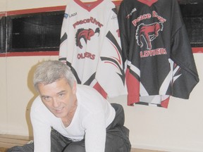 Logan Clow/R-G
Peace River’s Ken Burdeyney will be participating for the first time at the Alberta 55+ Winter Games this week (February 13-16) in Calgary. Pictured, Burdeyney ties his skates at the Baytex Energy Centre last week.