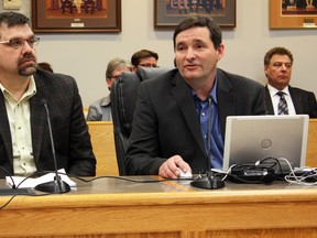 Though the real bulk of the work has yet to begin at the Hollinger open pit mine site, Goldcorp has been moving forward with what it can as it awaits air quality approval permits. Goldcorp general manager, Marc Lauzier, left, and operations superintendent Paul Miller were at city council on Monday to give a first quarter update on the project.