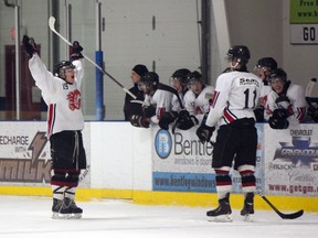 Phil Smith of the Gananoque Islanders celebrates after scoring during the second period of play against the Brockville Tikis on Sunday at the Lou Jeffries Recreation Centre. The Islanders won the final game of the regular season 7-2.
Eric Healey