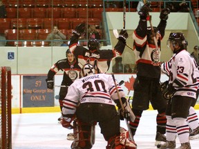 Brantford Blast's Jamie Williams celebrates his first period goal on Feb. 12, 2013, against the Dundas Real McCoys during Allan Cup Hockey action. DARRYL G. SMART/ The Expositor/ QMI Agency