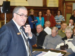 Wetaskiwin Mayor Bill Elliot addresses the standing room only crowd of more than 100 people who the open house for the proposed city budget for 2013-14 held Feb. 4.