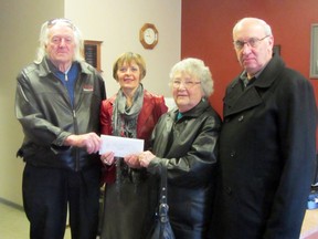 Vic and Iona Pople donated $14,492 they raised over the month of January to a local cancer organization, Wednesday. They are pictured here with sponsor Ron Moffit and Daisy Dowhy of Central Plains Cancer Care. (ROBIN DUDGEON/PORTAGE DAILY GRAPHIC/QMI AGENCY)