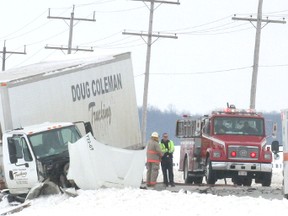 Emergency crews respond to a two vehicle collision on the Grey-Bruce Line north of Hanover Wednesday morning. The driver of the pick-up truck involved in the collision was killed.