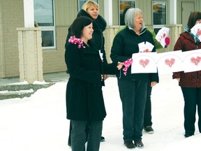 MPP Sarah Campbell and workers from the Kenora -Rainy River District Child and Family Services, showing the valentines they’re sending to Premier Wynne to get her attention on what they see as the under-funding of child welfare services in the Northwest. 
HANDOUT PHOTO
