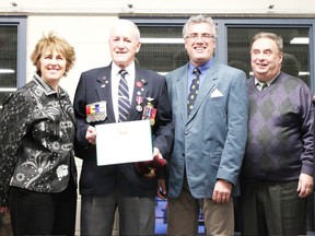 MP Carol Hughes, Queen’s Diamond Jubille Medal recipient Ray Constantineau, Dario Laurenti, Mayor Mike Lehoux and Royal Canadian Legion Branch 39 president Jack Reasbeck. 
Constatineau was surprised to find out he was to be honoured during the 12th Annual Seniors Appreciation Dinner. 
Photo by Dawn Lalonde/Mid-North Monitor/QMI Agency