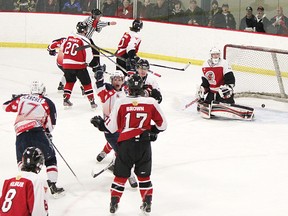 The North Bay Trappers score on the Blind River Beavers goaltender.
Photo by Dawn Lalonde/The Mid-North Monitor/QMI Agency