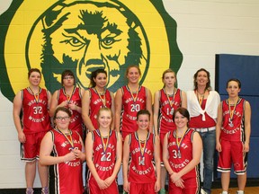 The Worsley Wildcat women’s basketball team placed second in the Annual Earle J. Guertin Senior High Basketball Tournament. The team includes coach Nancy Cox, Payton Shilka, Rebecca Dimion, Taryn Dodds, Natasha Basnett, Paige Morgan, Naomi Klassen, Vanessa Basnett, C.J. Larka, Koryssa Morgan and Jessie Morgan (not necessarily in that order).