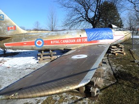 Members with the Canadian Owners and Pilots Association in Sarnia are working to restore an F86 Sabre, displayed in Germain Park since the 1970s — as part of an air force memorial. Repairs and repainting are expected to be done in time for Sarnia's centennial next year. TYLER KULA/ THE OBSERVER/ QMI AGENCY