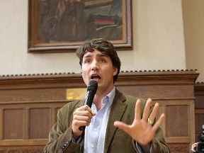 Federal Liberal leadership candidate Justin Trudeau speaks to about 200 Queen's University students and members of the public at Wallace Hall during a leadership campaign stop in Kingston on Wednesday afternoon.
Ian MacAlpine The Whig-Standard