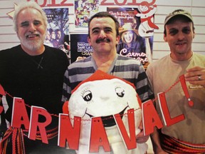 As part of the Carnaval tradition, Timmins residents have the chance to win $200 by guessing who is hiding behind the jolly Bonhomme Carnaval mascot. This year's Bonhomme could be either, from left, La Ronde superintendent, Denis Courville, manager for L'Armise bar, Willy Drouin, or La Ronde superintendent Reno Drouin.