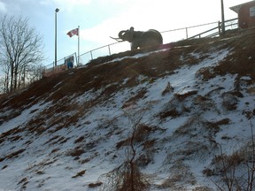 The view from Talbot St. of the hill leading up to the Jumbo statue. St. Thomas council decided this week not to explore a beautification project for the hill and the surrounding area. (Nick Lypaczewski Times-Journal)