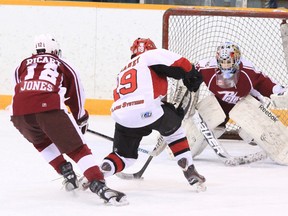 Alarm Systems Quinte Minor Peewee Red Devils' Elijah Brahaney breaks in on the Peterborough Petes net during the Devils' 5-2 win Sunday at Trenton Community Gardens.