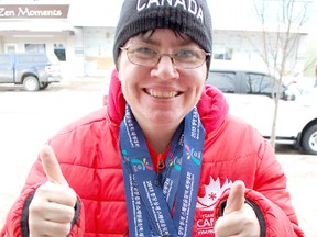 Former Kincardine resident Cindy Collins proudly displayed medals received at the Special Olympics World Games, which took place in South Korea earlier this month. Collins took gold in the 100-metre snowshoeing event, despite only picking up the sport two years ago.