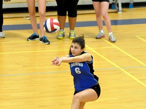Timmins High & Vocational School hosted the NEOAA Central Junior Girls Volleyball No. 2 qualifier on Thursday with local teams competing with an aim towards the regional finals. TH&VS Blues player Seija Alberton bumps the ball late in the second set of their victory over École secondaire Alliance.