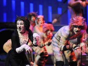 Sammy Lowe (left) as ‘Quaxo’ and Patrick Gerber as ‘Mungojerrie’ perform in GPLT’s production of Cats at the Douglas J. Cardinal Performing Arts Centre in the Grande Prairie Regional College. (Aaron Hinks/Daily Herald-Tribune)