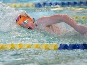Andrew Dungate of the Nose Creek Swim Association competes at the John Timmermans Memorial Invitational swim meet at the Genesis Place pool on Sunday. Dungate won three individual gold medals at the meet.
JAMES EMERY/AIRDRIE ECHO