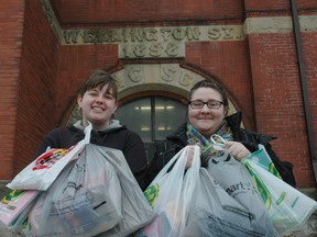 Algoma University, St. Thomas students Elizabeth Brandeau, left, and Ailidh Gray with supplies they're taking to Cuba for a university trip. The trip is part of a history course. (Nick Lypaczewski, Times-Journal)