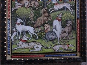 Mary Peppard's “Medieval Dog Park (Venery Dogs)” is part of the  Organization of Kingston Women Artists display.