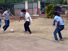 Mackenzie Langford plays soccer with Nicaraguans during his time from Jan. 14 to 28 that had 14 members from the Innerkip Presbyterian Church travel to Nicaragua on a Mission of Hope to help locals from anything to education to making repairs. The trip was the first of three trips this year. (Submitted photo)