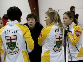 Team Manitoba coach Janet Arnott, centre, speaks to players, from left, Kristin MacCuish, Dawn Askin, Jill Officer, skip Jennifer Jones and Kaitlyn Lawes during practice Thursday at Cataraqui Golf and Country Club as they prepare for the Scotties Tournament of Hearts at the K-Rock Centre, Feb. 16-24. (Ian MacAlpine/The Whig-Standard)