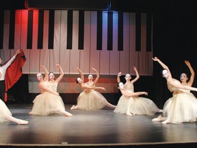 STEPHEN UHLER    Members of Michelle’s School of Performing Arts perform a ballet piece inspired by The Phantom of the Opera during the opening of the 65th annual Pembroke Kiwanis Music Festival, which occurred Thursday at Festival Hall. In the photo are, from left, Katy Conway and Paige Neuman, in the background is Dorian Pearch as the Phantom, then Kimmy Preimus and Isabelle Rousseau, Presha Donahue and Danielle Hawthorn, Mackenzie Graham and Hannah Lundrigan, and Audree Boivin and Miranda Lockley.