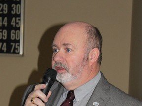 SEAN CHASE   Whitewater Region Mayor Jim Labow speaks to residents during a public information meeting Wednesday night in Cobden. Council is deliberating whether to eliminate the current ward electoral system.