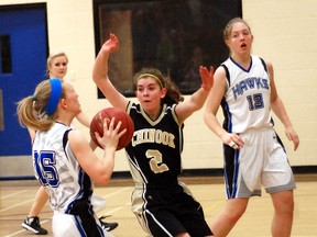 County Central High School Hawk Tara Wilkinsen looks for an opportunity to shoot Friday morning against the Chinook Coyotes from Lethbridge. Coyote Taylor Myndio attempts to run interference while Hawk Kassell Menin keeps her eye on the play. The games will continue until Saturday.