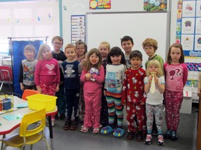 Mlle Munro's grade one class was among those celebrating Pyjama and Booknic Day at Ecole Crescentview School, Friday. L-R front: Jaxon Mueller, Avery Andrich, Elliot Bergen, Brooklyn Delorme, Madison Klyne, Lucius Francisco, Renna Kelly. L-R back: Reese Ricard, Arie Cooper, Torrie-Lynn Major-Puddicombe, Theo Lavallee, Theo Millian, and Teagan Glanville. (ROBIN DUDGEON/PORTAGE DAILY GRAPHIC/QMI AGENCY)