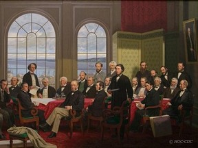 In the 1800s the Canadian government hired artist Robert Harris to paint the Fathers of Confederation at the Quebec Conference of 1864. His original work was destroyed in the Parliament Buildings fire of 1916. In 1964, artist Rex Harris was commissioned to re-create the painting for the 1967 Centennial celebrations. That painting, reproduced here, adds three delegates who were recogized as 'Fathers' after the original painting was completed, and Harris himself, who is depicted in the portrait at the right side of the painting.
