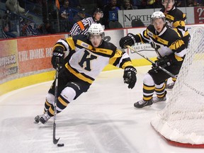Samuel Schutt of the Kingston Frontenacs flies around his net during OHL action against the Sudbury Wolves at the Sudbury Community Arena on Friday. (John Lappa/QMI Agency)