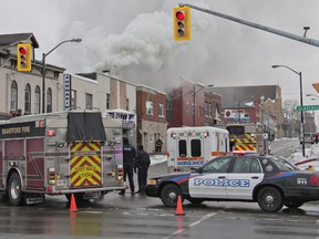 A fire broke out Saturday morning on Colborne St. in Brantford. (HEATHER CARDLE For The Expositor)