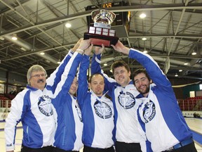 QMI Agency
The Brock Virtue rink celebrates after winning the 2013 SaskTel Tankard in Melfort. From left are coach Lorne Umscheid, lead Dj Kidby, second Chris Schille, third Braeden Moskowy and skip Brock Virtue.