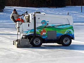 The Edmonton Speed Skating Association's Zamboni from the Vancouver 2010 Games clears the ice at Hawrelak Park.