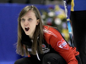Team Ontario's skip Rachel Homan calls to her sweepers at the Scotties Tournament of Hearts in Kingston.
 IAN MACALPINE/Kingston Whig-Standard/QMI Agency