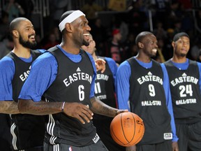 LeBron James (No. 6), of the Miami Heat, during the NBA All-Star practice in Sprint Arena during the 2013 NBA All-Star Weekend on Feb. 16. ( JOE MURPHY,  NBAE via Getty Images/AFP)