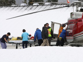 An Alpine Helicopter brought a female patient to the Banff Mineral Springs Hospital after airlifting her from Sunshine Village. But when STARS came to take her to Calgary, poor weather hampered the flight, forcing them to land in Canmore. LARISSA BARLOW/ BANFF CRAG & CANYON/ QMI AGENCY