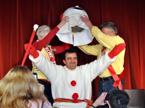 So it was Willy all along. Carnaval weekend at Centre culturel La Ronde was topped off with the Bonhomme Carnaval, well, taking his top off. Willy Drouin, the longtime bartender at L'Armise, was revealed to be the one hiding behind the popular mascot costume, as he got some help from Carnaval Queen, Huguette Duchesne, left, and her King, husband Gus. Among the other events going on for Carnaval 2013, songwriter Carmen Campagne performed for an awe-struck audience of youngsters.