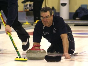 Joe MarQues of Team Zechner watches his stone closely in the Northern Ontario Firefighters Curling Championships held at the Kenora Curling Club Feb. 15-17. The Zechner rink won the tournament and will now move on to the Canadian Championships in March.

GRACE PROTOPAPAS/KENORA DAILY MINER AND NEWS