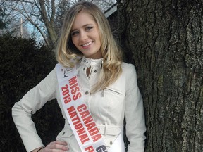 Former London and Dutton resident Jasmine-Fayth Prince wears her Miss Canada Globe finalist sash outside her parent's home in Dutton. Prince plans to compete in Miss Canada Globe 2013 pageant this summer, her first time participating in such a competition. (Nick Lypaczewski, Times-Journal)