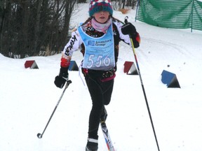 Brooklynn Francis peeks out from under her toque as she dashes towards the finish line at the Cross Country Ski Association of Manitoba’s Provincial Sprint Championships. The Kenora Nordic Trails Association hosted the event at Mount Evergreen on Feb. 17.

GRACE PROTOPAPAS/KENORA DAILY MINER AND NEWS