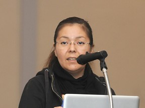 Aboriginal activist and law graduate Tanya Kappo speaks at the Pomeroy Hotel & Conference Centre on Saturday. The meeting was hosted by the Western Cree Tribal Council and discussed the controversial legislation that prompted the ‘Idle No More’ protest. (Elizabeth McSheffrey/Daily Herald-Tribune)