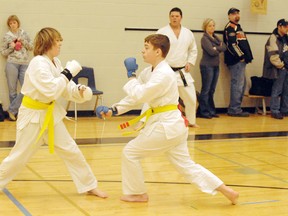 DANIEL R. PEARCE  Simcoe Reformer

Johnny Brown (left), 13, of Fort Erie spars with Sean Skinner, 12, of Port Dover while referee Scott Hill of Tillsonburg watches during a karate tournament held at Holy Trinity Catholic High School on Saturday. Competitors came from as far away as Lindsay, Ont.